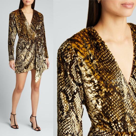 Retrofete NWT Eleanor Velvet Mini Dress in Gold Snake Size XS Black Animal Print - Picture 10 of 10